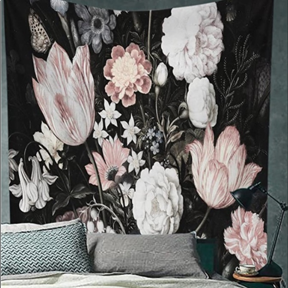 Black blossoms floral wall tapestry decor